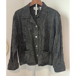 Y2K Distressed Black‎ Denim Silver Embroidered Embellished Sz 2 Chico's Design